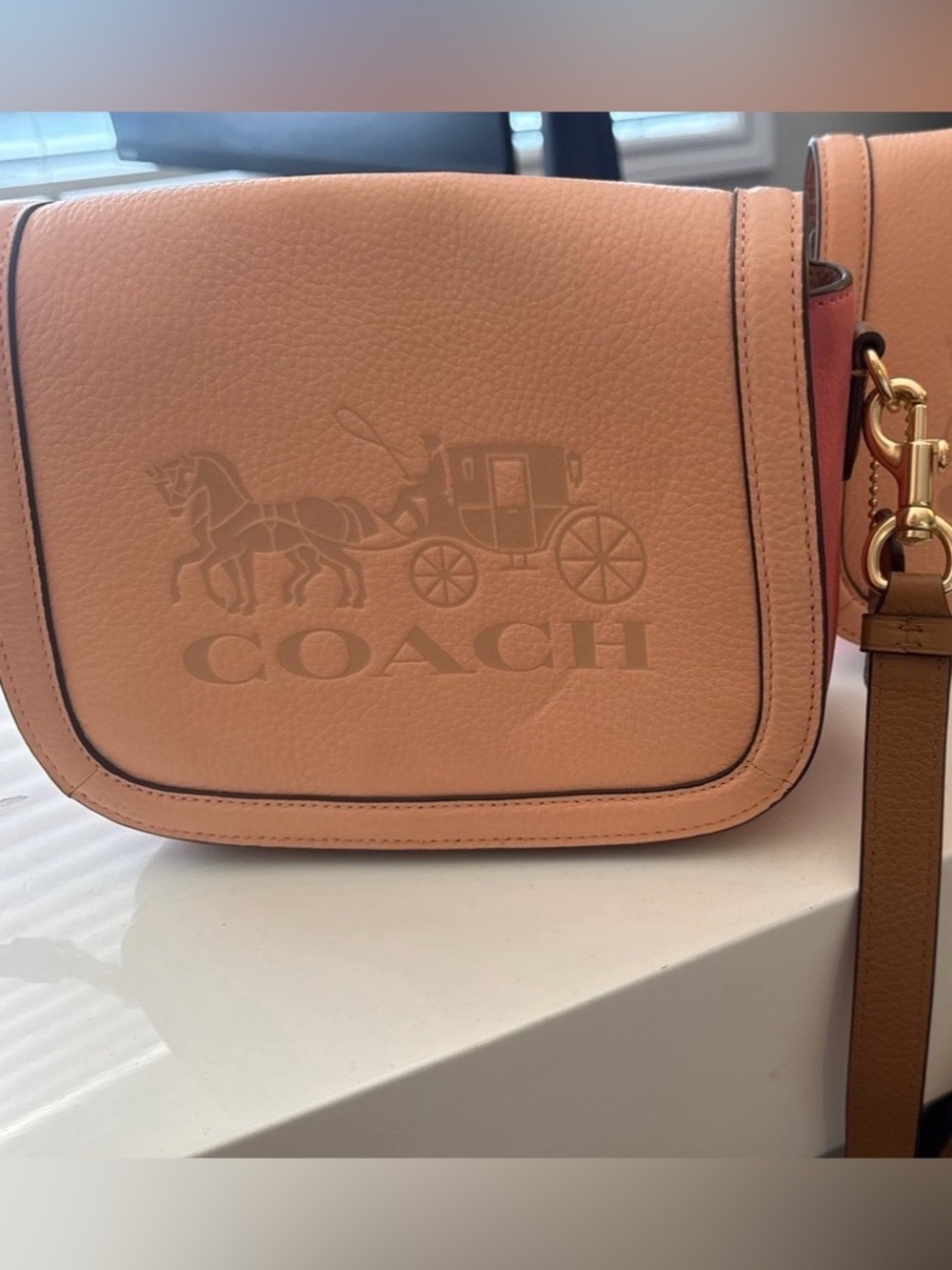 Coach Pebbled Leather Crossbody in Tan with Pink Trim - Picture 3 of 4